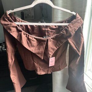 Pretty Little Thing PLT brown flared sleeve off the shoulder top NWT